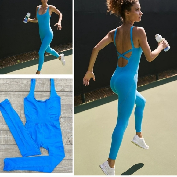 FREE People FP Movement Good Karma Onesie Tank Leotard Blue NEW! - Picture 2 of 4
